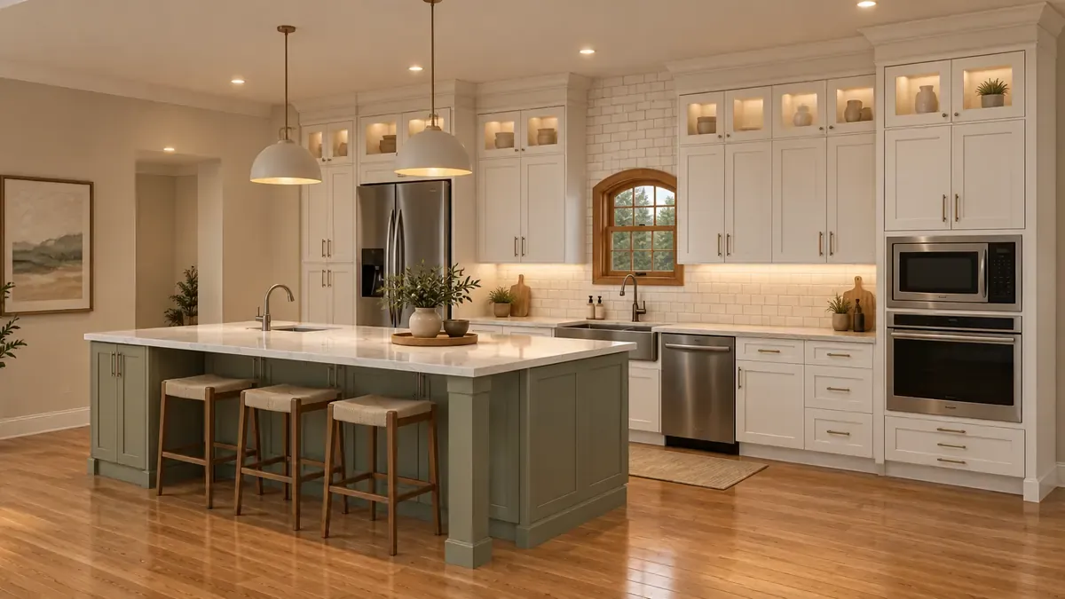 Remodeled kitchen with Shaker White perimeter cabinets and a Shaker Evergreen island